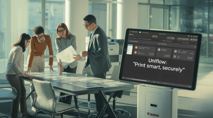 Canon'un Uniflow baskı yönetim sistemini kullanan bir toplantıda belgeleri inceleyen iş ekibi.