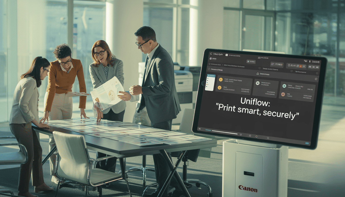 Canon'un Uniflow baskı yönetim sistemini kullanan bir toplantıda belgeleri inceleyen iş ekibi.